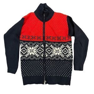 TOMMY HILFIGER Fair Isle Christmas Cardigan Navy Red White Sweater Zip Men's L